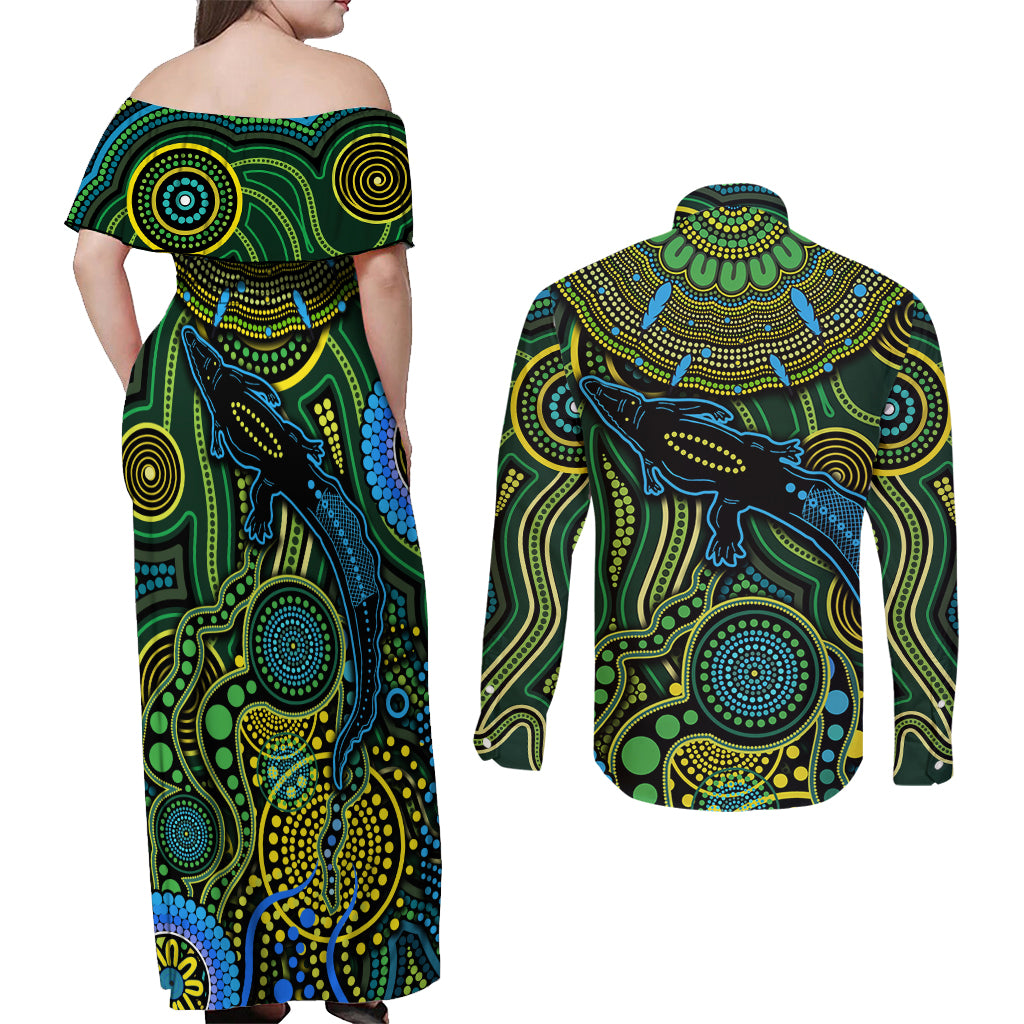 Aboriginal Green - Crocodine Abstract Art Pattern Couples Matching Off Shoulder Maxi Dress and Long Sleeve Button Shirt