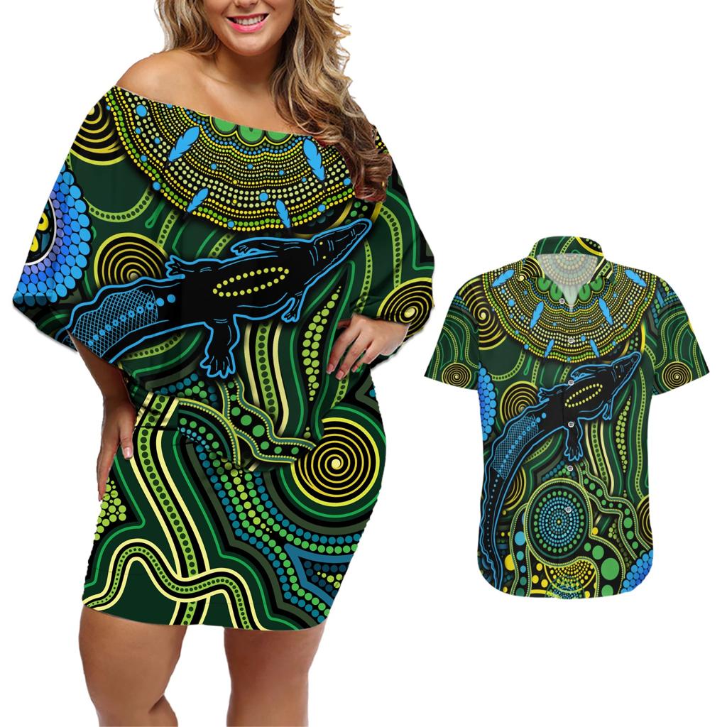 Aboriginal Green - Crocodine Abstract Art Pattern Couples Matching Off Shoulder Short Dress and Hawaiian Shirt