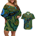 Aboriginal Green - Crocodine Abstract Art Pattern Couples Matching Off Shoulder Short Dress and Hawaiian Shirt