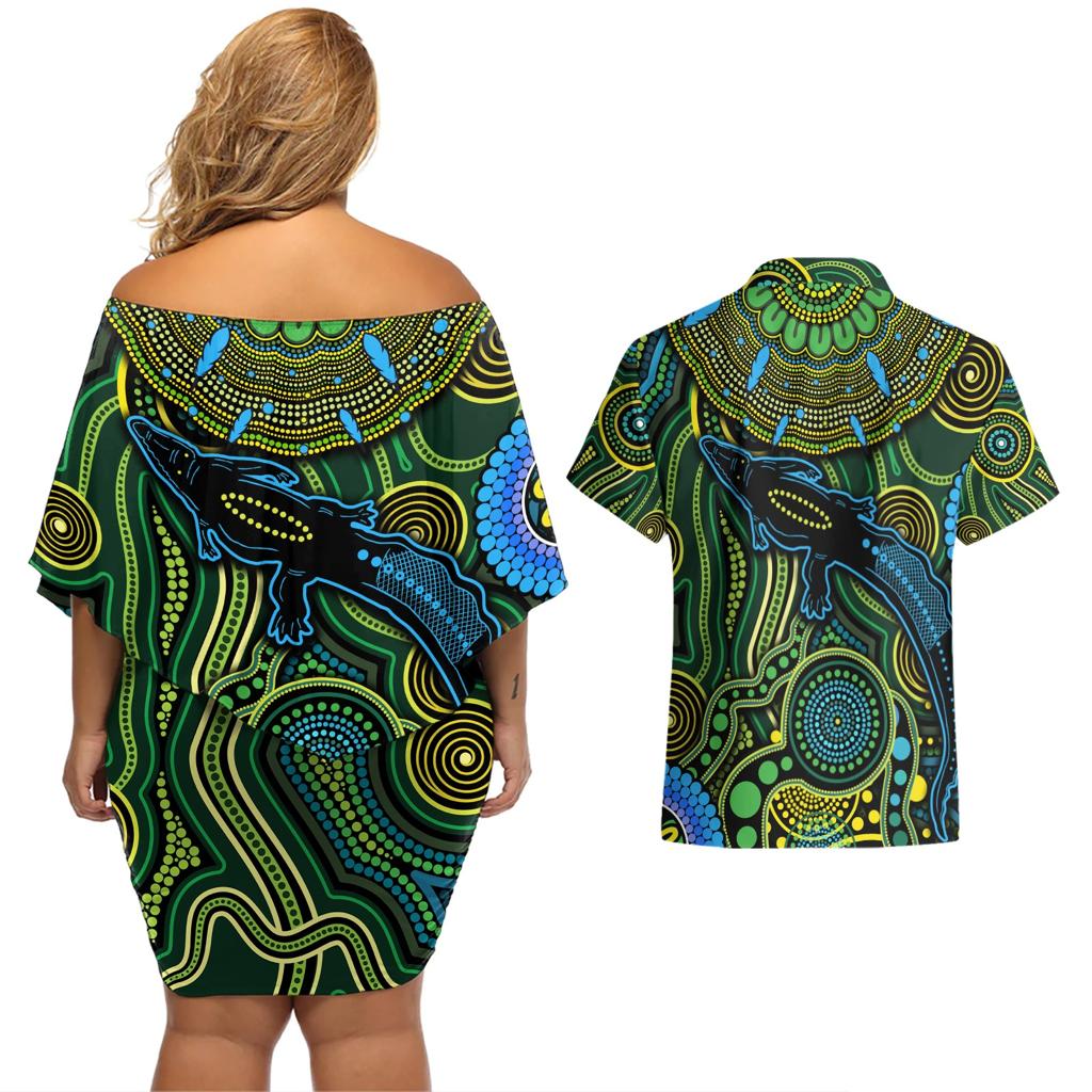Aboriginal Green - Crocodine Abstract Art Pattern Couples Matching Off Shoulder Short Dress and Hawaiian Shirt