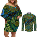 Aboriginal Green - Crocodine Abstract Art Pattern Couples Matching Off Shoulder Short Dress and Long Sleeve Button Shirt