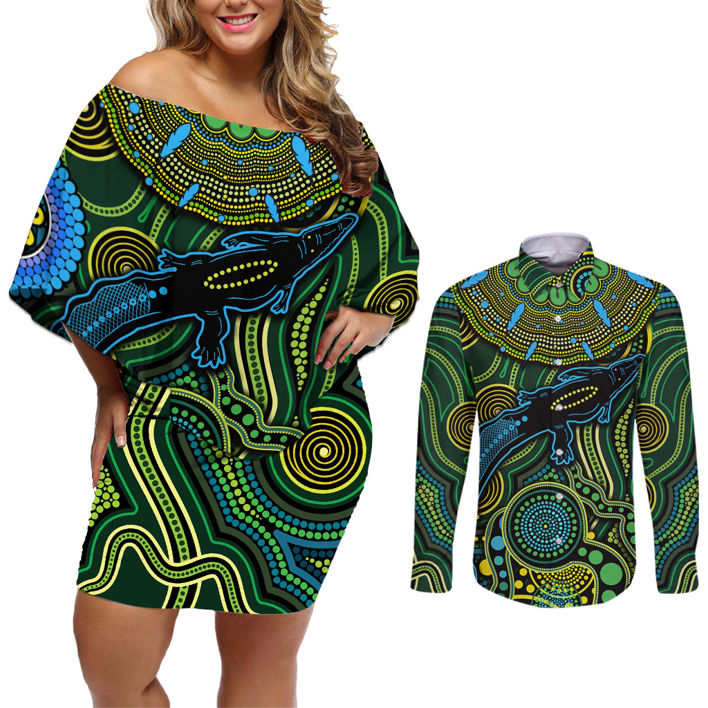 Aboriginal Green - Crocodine Abstract Art Pattern Couples Matching Off Shoulder Short Dress and Long Sleeve Button Shirt