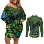 Aboriginal Green - Crocodine Abstract Art Pattern Couples Matching Off Shoulder Short Dress and Long Sleeve Button Shirt