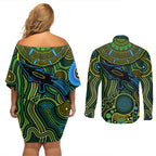 Aboriginal Green - Crocodine Abstract Art Pattern Couples Matching Off Shoulder Short Dress and Long Sleeve Button Shirt