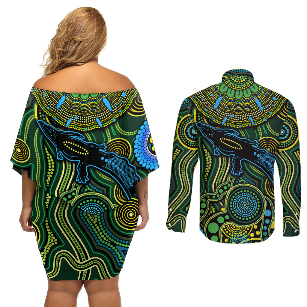Aboriginal Green - Crocodine Abstract Art Pattern Couples Matching Off Shoulder Short Dress and Long Sleeve Button Shirt