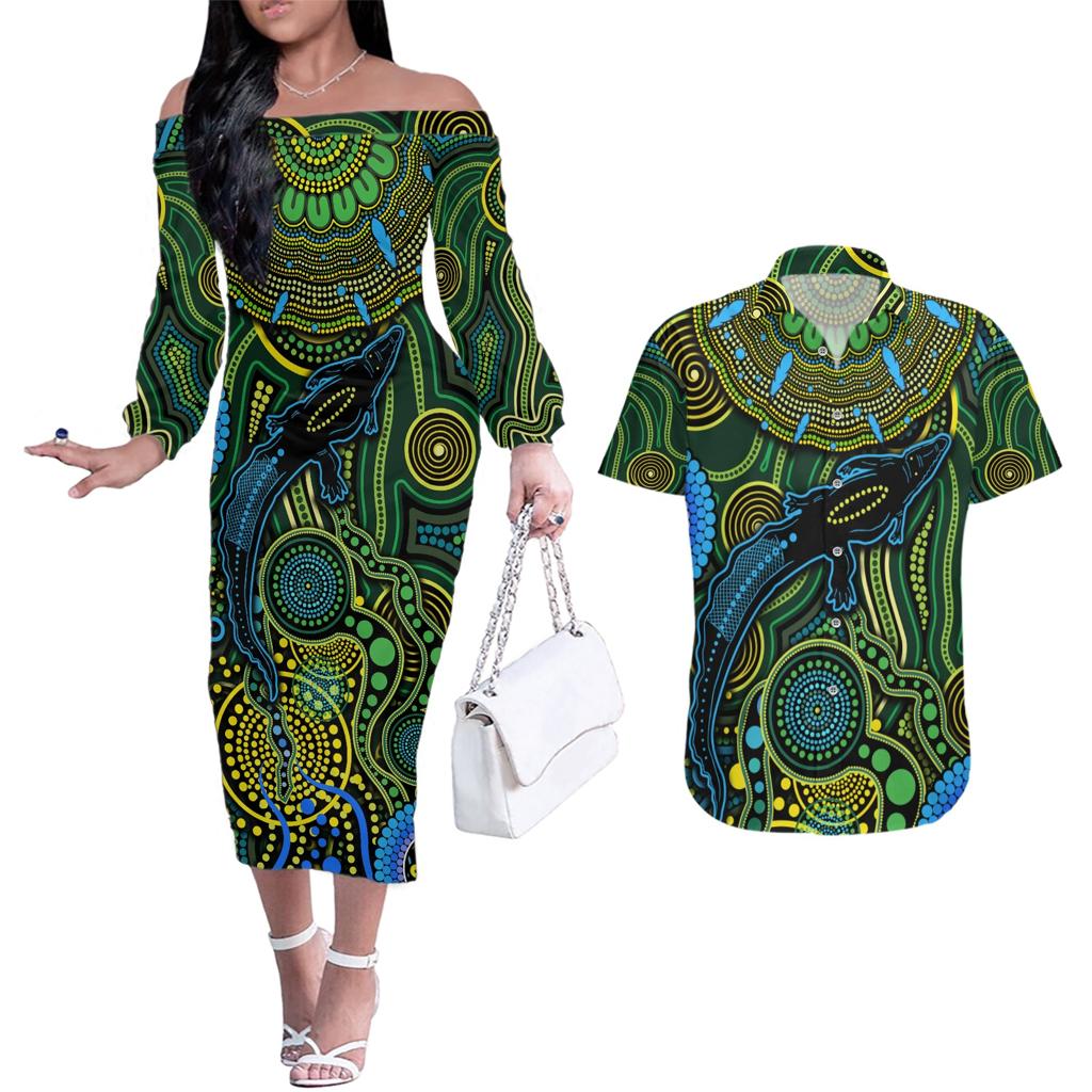 Aboriginal Green - Crocodine Abstract Art Pattern Couples Matching Off The Shoulder Long Sleeve Dress and Hawaiian Shirt