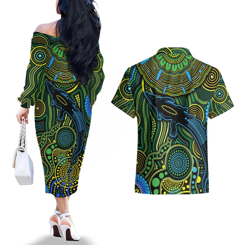 Aboriginal Green - Crocodine Abstract Art Pattern Couples Matching Off The Shoulder Long Sleeve Dress and Hawaiian Shirt