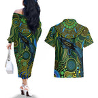 Aboriginal Green - Crocodine Abstract Art Pattern Couples Matching Off The Shoulder Long Sleeve Dress and Hawaiian Shirt