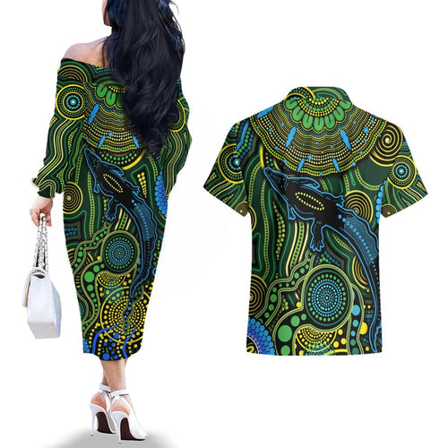 Aboriginal Green - Crocodine Abstract Art Pattern Couples Matching Off The Shoulder Long Sleeve Dress and Hawaiian Shirt