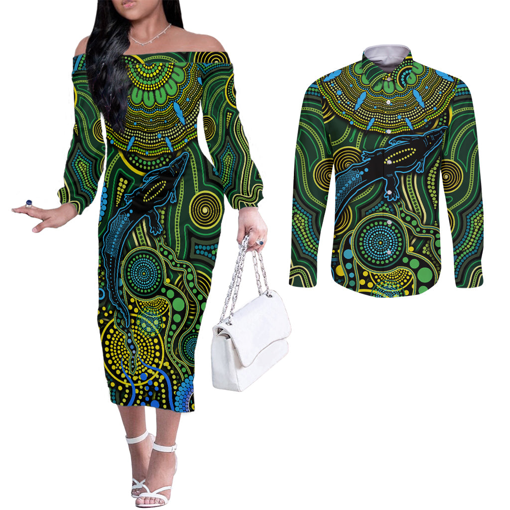 Aboriginal Green - Crocodine Abstract Art Pattern Couples Matching Off The Shoulder Long Sleeve Dress and Long Sleeve Button Shirt