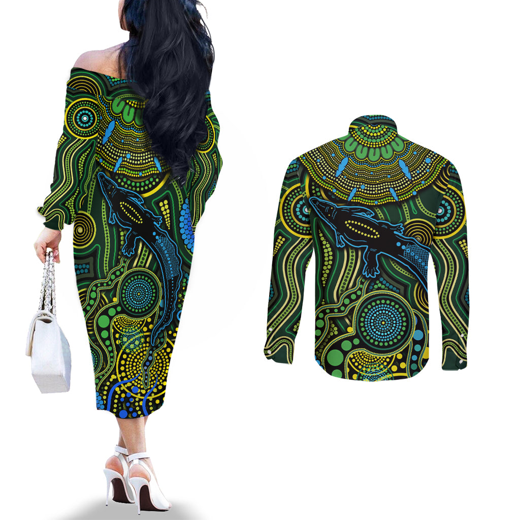Aboriginal Green - Crocodine Abstract Art Pattern Couples Matching Off The Shoulder Long Sleeve Dress and Long Sleeve Button Shirt