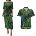 Aboriginal Green - Crocodine Abstract Art Pattern Couples Matching Puletasi and Hawaiian Shirt
