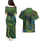 Aboriginal Green - Crocodine Abstract Art Pattern Couples Matching Puletasi and Hawaiian Shirt