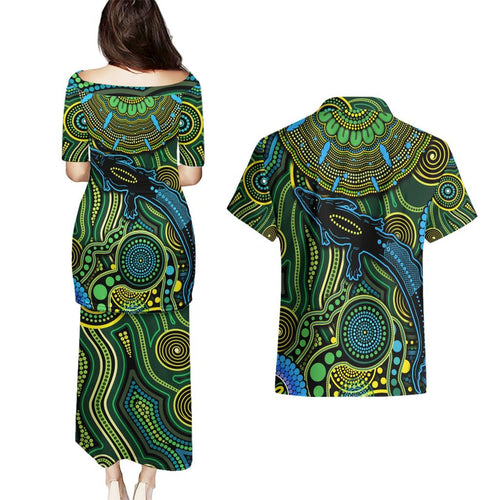 Aboriginal Green - Crocodine Abstract Art Pattern Couples Matching Puletasi and Hawaiian Shirt
