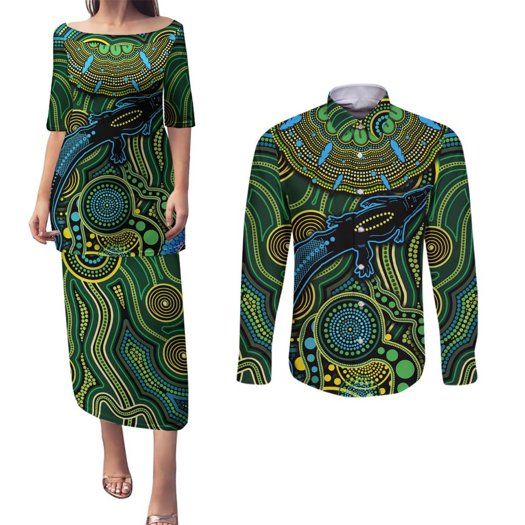 Aboriginal Green - Crocodine Abstract Art Pattern Couples Matching Puletasi and Long Sleeve Button Shirt