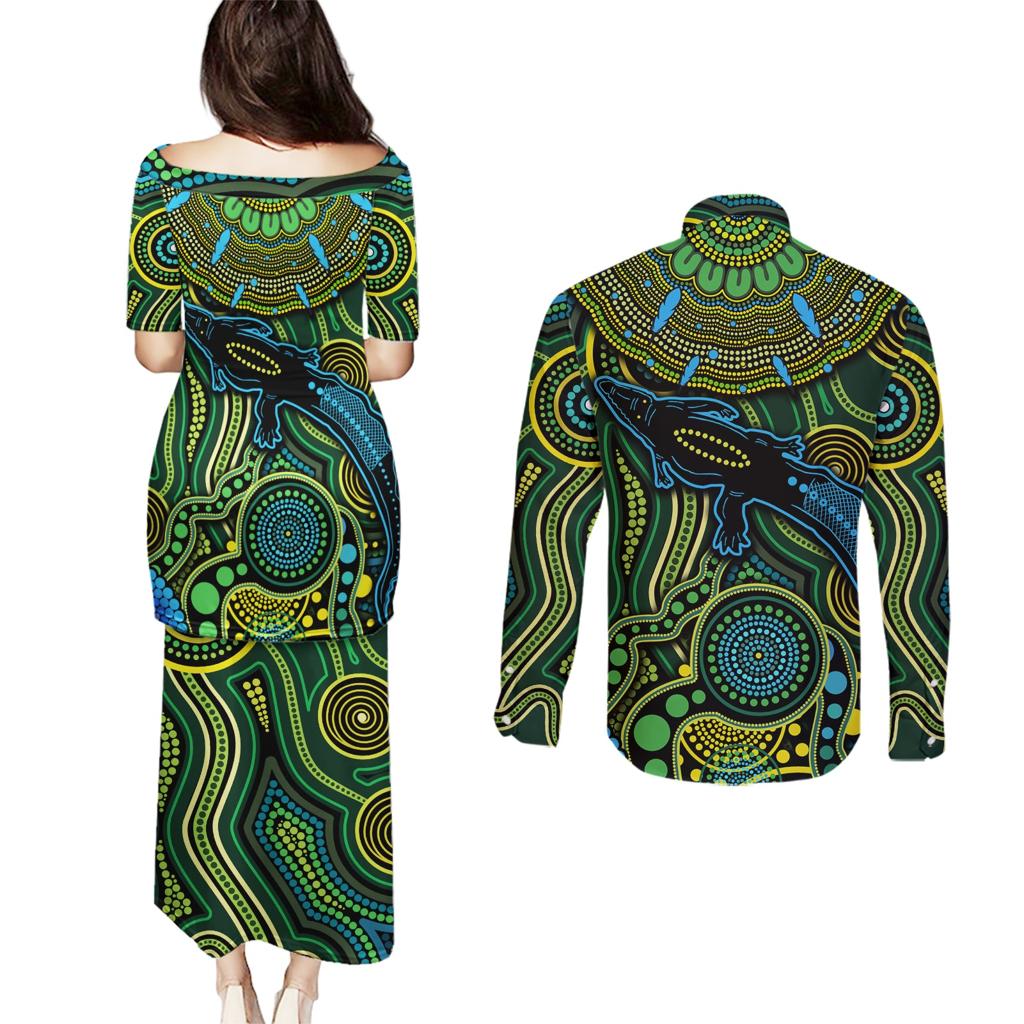 Aboriginal Green - Crocodine Abstract Art Pattern Couples Matching Puletasi and Long Sleeve Button Shirt