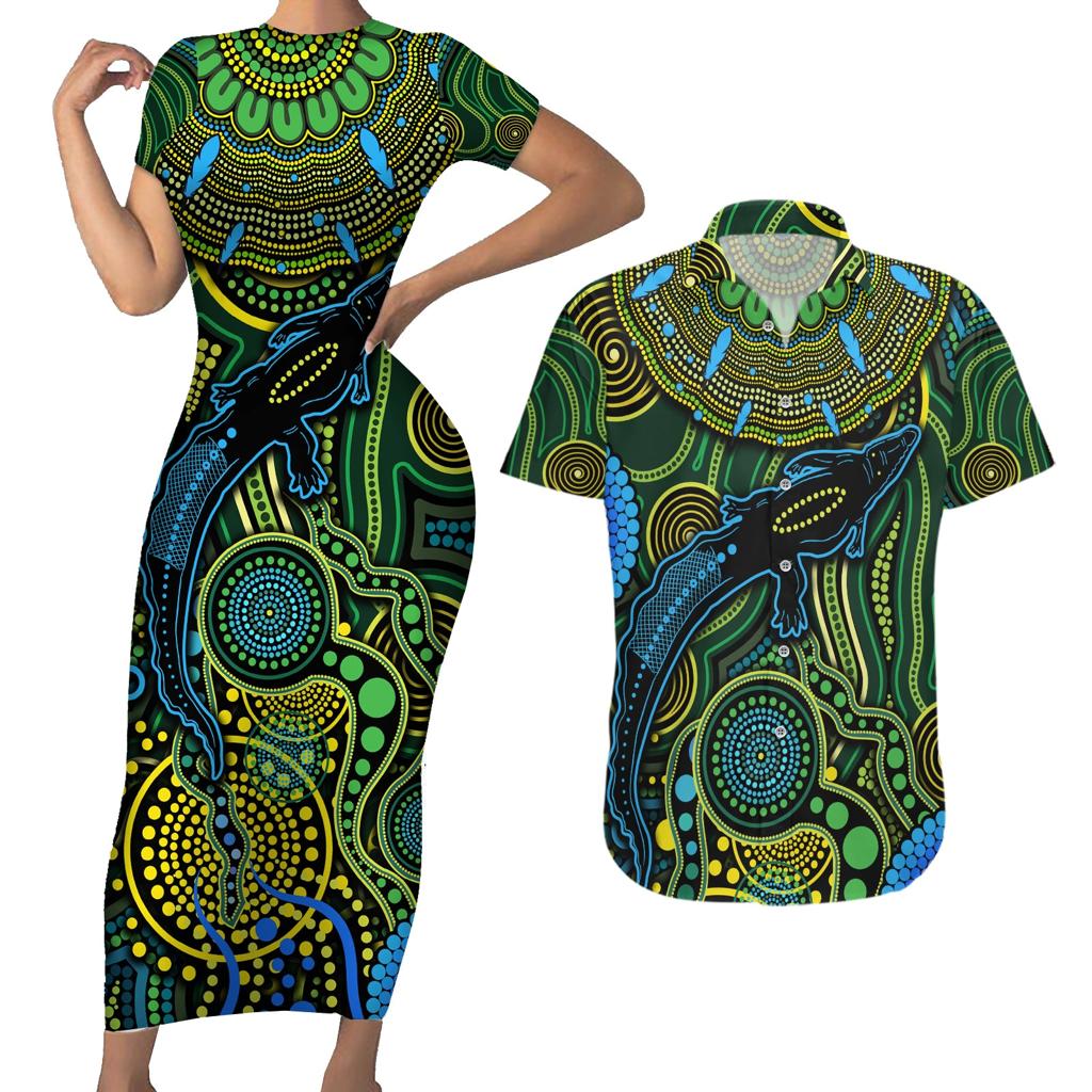 Aboriginal Green - Crocodine Abstract Art Pattern Couples Matching Short Sleeve Bodycon Dress and Hawaiian Shirt