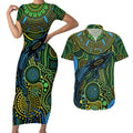 Aboriginal Green - Crocodine Abstract Art Pattern Couples Matching Short Sleeve Bodycon Dress and Hawaiian Shirt