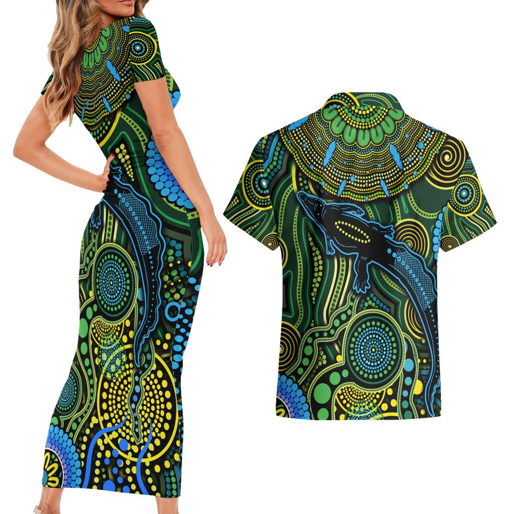 Aboriginal Green - Crocodine Abstract Art Pattern Couples Matching Short Sleeve Bodycon Dress and Hawaiian Shirt