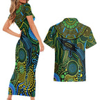 Aboriginal Green - Crocodine Abstract Art Pattern Couples Matching Short Sleeve Bodycon Dress and Hawaiian Shirt