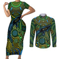 Aboriginal Green - Crocodine Abstract Art Pattern Couples Matching Short Sleeve Bodycon Dress and Long Sleeve Button Shirt