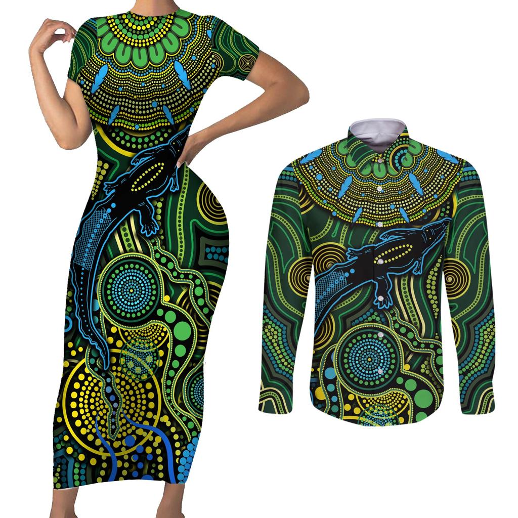 Aboriginal Green - Crocodine Abstract Art Pattern Couples Matching Short Sleeve Bodycon Dress and Long Sleeve Button Shirt