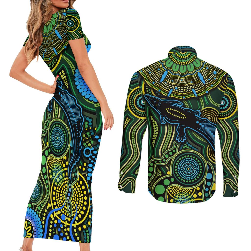 Aboriginal Green - Crocodine Abstract Art Pattern Couples Matching Short Sleeve Bodycon Dress and Long Sleeve Button Shirt