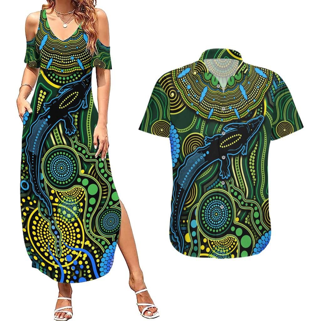 Aboriginal Green - Crocodine Abstract Art Pattern Couples Matching Summer Maxi Dress and Hawaiian Shirt