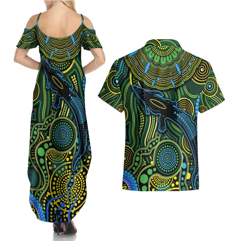 Aboriginal Green - Crocodine Abstract Art Pattern Couples Matching Summer Maxi Dress and Hawaiian Shirt