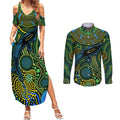 Aboriginal Green - Crocodine Abstract Art Pattern Couples Matching Summer Maxi Dress and Long Sleeve Button Shirt