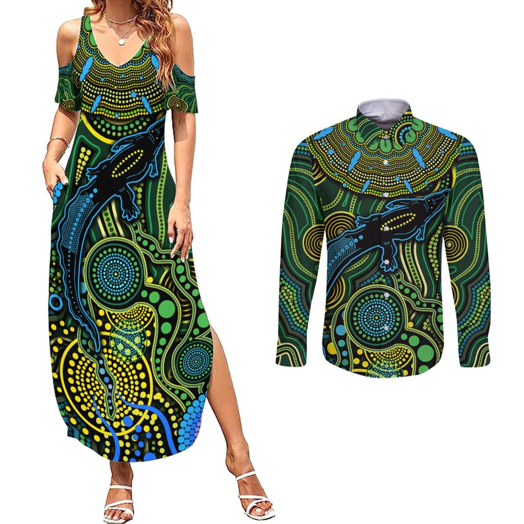 Aboriginal Green - Crocodine Abstract Art Pattern Couples Matching Summer Maxi Dress and Long Sleeve Button Shirt