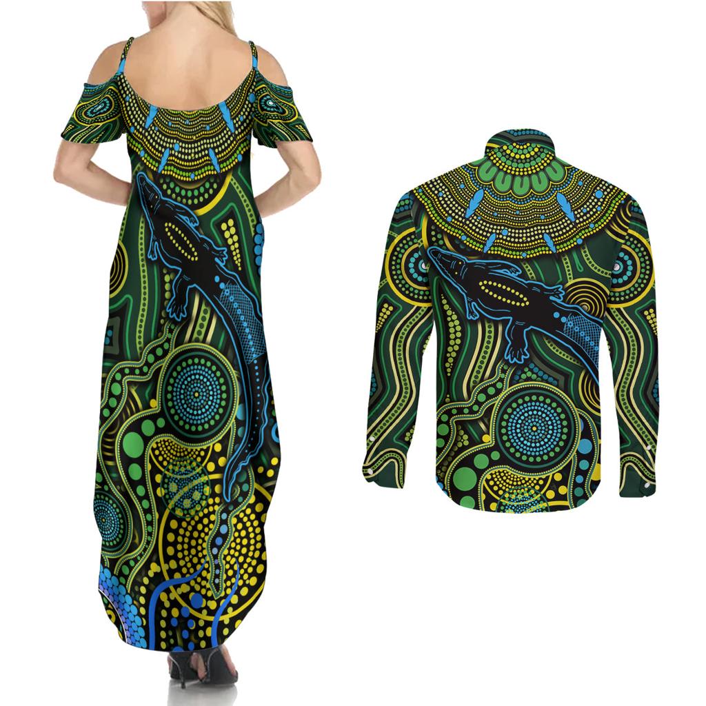 Aboriginal Green - Crocodine Abstract Art Pattern Couples Matching Summer Maxi Dress and Long Sleeve Button Shirt