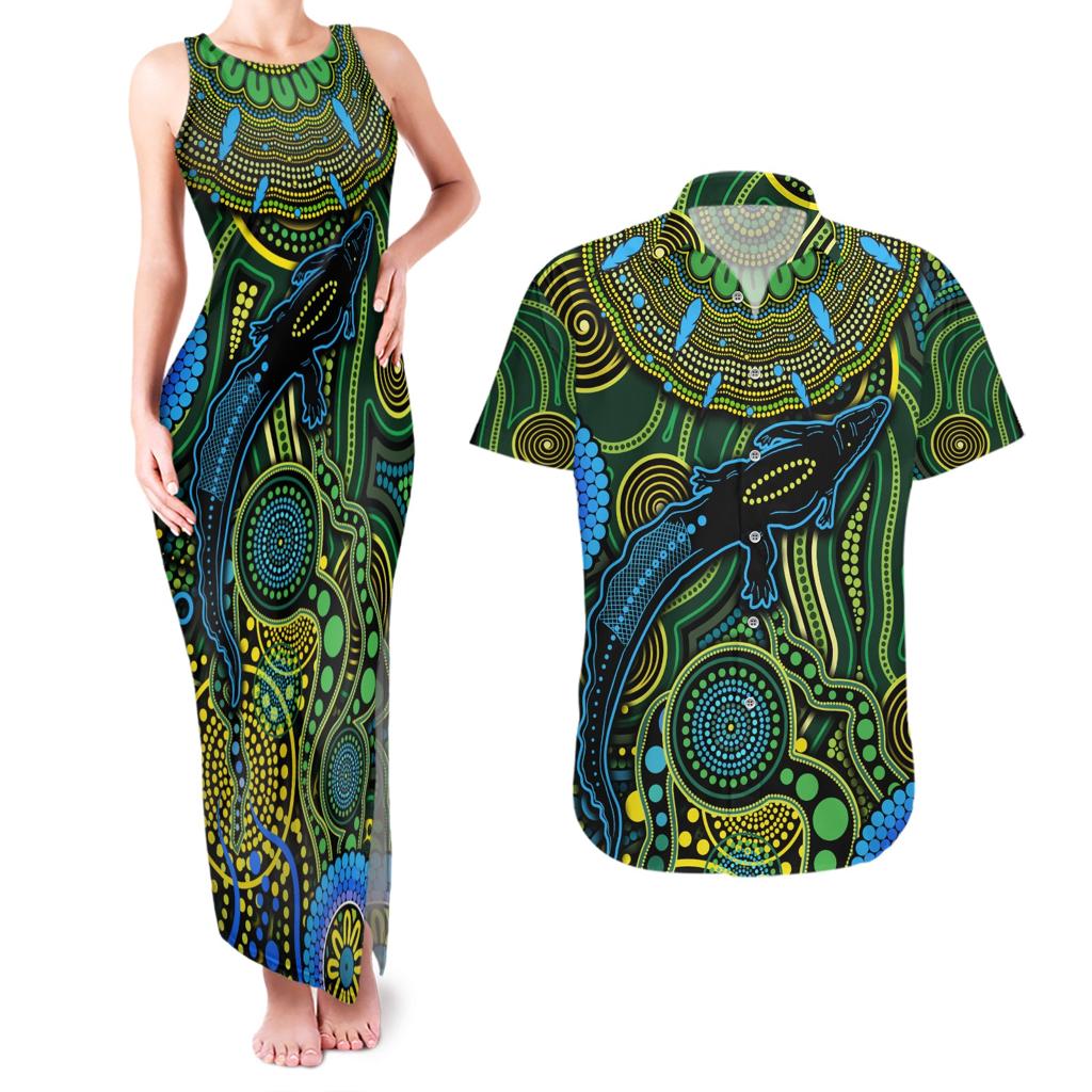 Aboriginal Green - Crocodine Abstract Art Pattern Couples Matching Tank Maxi Dress and Hawaiian Shirt