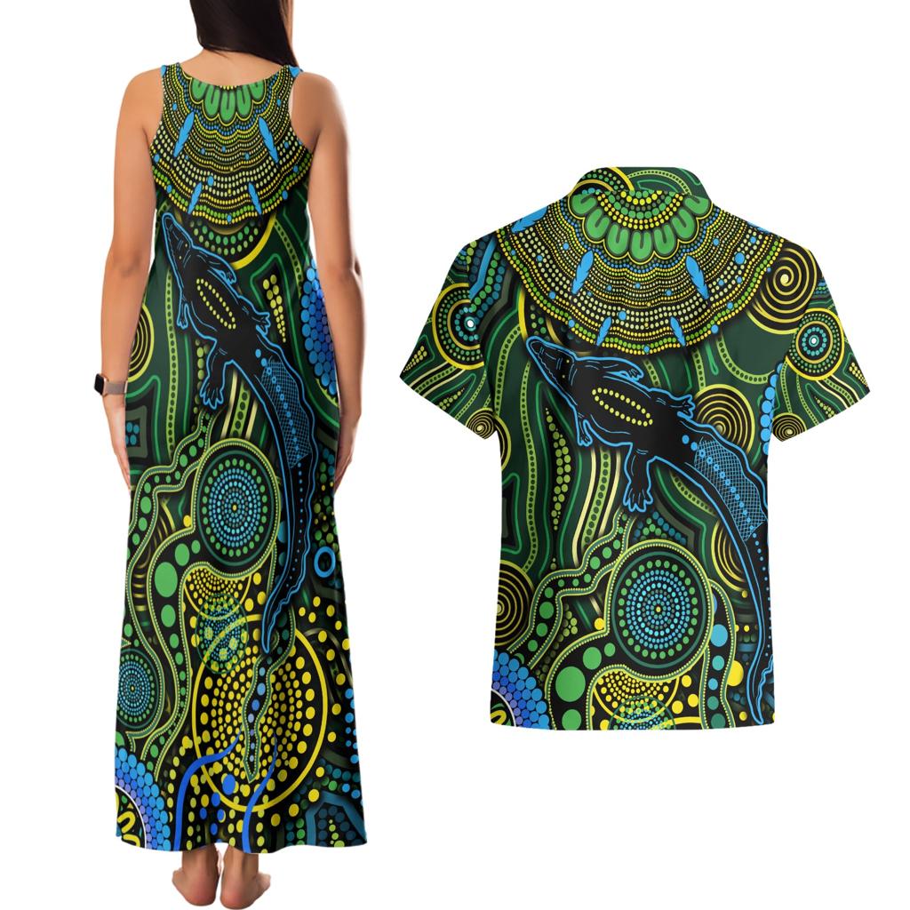 Aboriginal Green - Crocodine Abstract Art Pattern Couples Matching Tank Maxi Dress and Hawaiian Shirt