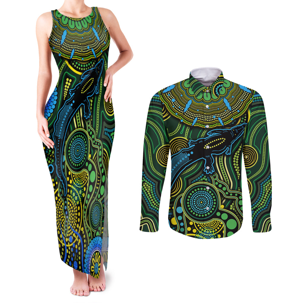 Aboriginal Green - Crocodine Abstract Art Pattern Couples Matching Tank Maxi Dress and Long Sleeve Button Shirt