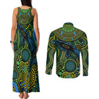 Aboriginal Green - Crocodine Abstract Art Pattern Couples Matching Tank Maxi Dress and Long Sleeve Button Shirt