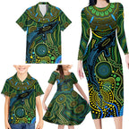 Aboriginal Green - Crocodine Abstract Art Pattern Family Matching Long Sleeve Bodycon Dress and Hawaiian Shirt