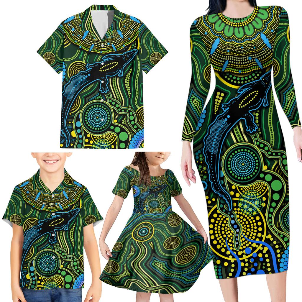 Aboriginal Green - Crocodine Abstract Art Pattern Family Matching Long Sleeve Bodycon Dress and Hawaiian Shirt
