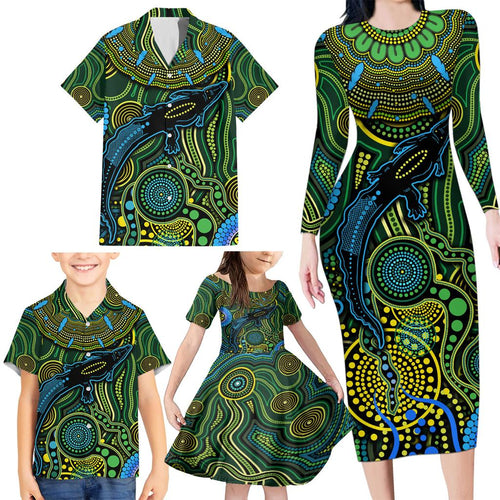 Aboriginal Green - Crocodine Abstract Art Pattern Family Matching Long Sleeve Bodycon Dress and Hawaiian Shirt