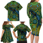 Aboriginal Green - Crocodine Abstract Art Pattern Family Matching Long Sleeve Bodycon Dress and Hawaiian Shirt