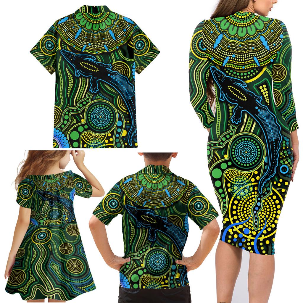 Aboriginal Green - Crocodine Abstract Art Pattern Family Matching Long Sleeve Bodycon Dress and Hawaiian Shirt