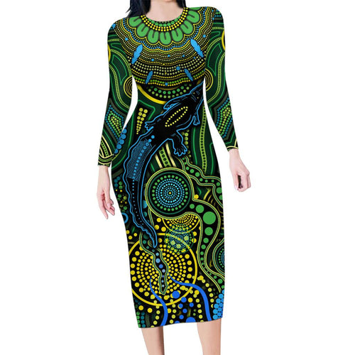 Aboriginal Green - Crocodine Abstract Art Pattern Family Matching Long Sleeve Bodycon Dress and Hawaiian Shirt