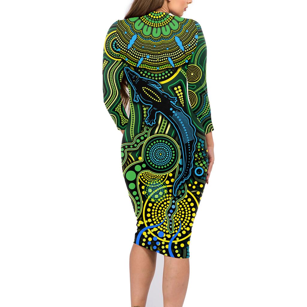 Aboriginal Green - Crocodine Abstract Art Pattern Family Matching Long Sleeve Bodycon Dress and Hawaiian Shirt