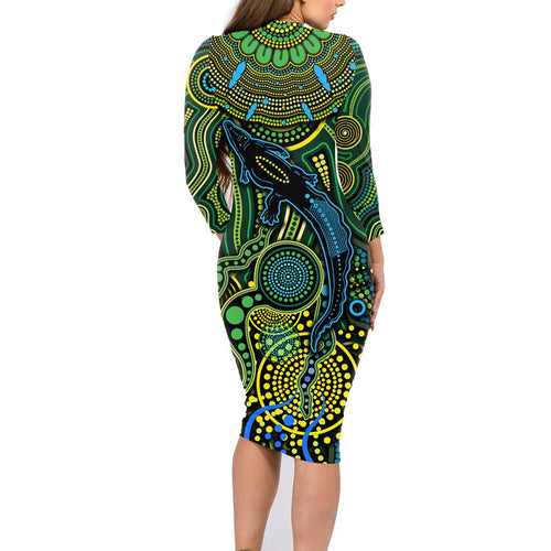 Aboriginal Green - Crocodine Abstract Art Pattern Family Matching Long Sleeve Bodycon Dress and Hawaiian Shirt