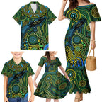 Aboriginal Green - Crocodine Abstract Art Pattern Family Matching Mermaid Dress and Hawaiian Shirt