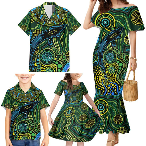 Aboriginal Green - Crocodine Abstract Art Pattern Family Matching Mermaid Dress and Hawaiian Shirt