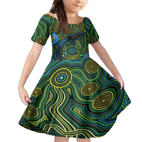 Aboriginal Green - Crocodine Abstract Art Pattern Family Matching Mermaid Dress and Hawaiian Shirt