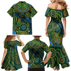 Aboriginal Green - Crocodine Abstract Art Pattern Family Matching Mermaid Dress and Hawaiian Shirt