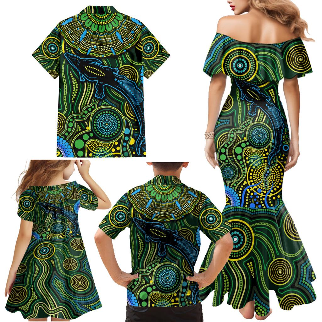Aboriginal Green - Crocodine Abstract Art Pattern Family Matching Mermaid Dress and Hawaiian Shirt