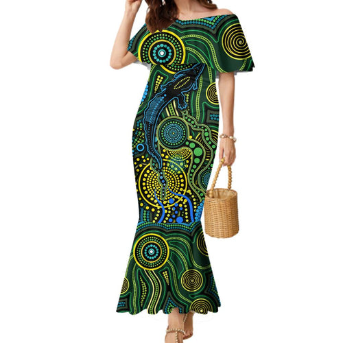 Aboriginal Green - Crocodine Abstract Art Pattern Family Matching Mermaid Dress and Hawaiian Shirt